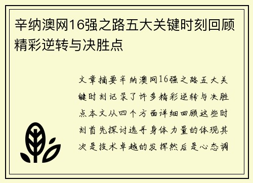 辛纳澳网16强之路五大关键时刻回顾精彩逆转与决胜点