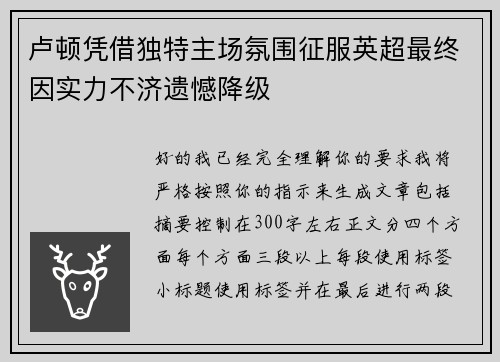 卢顿凭借独特主场氛围征服英超最终因实力不济遗憾降级