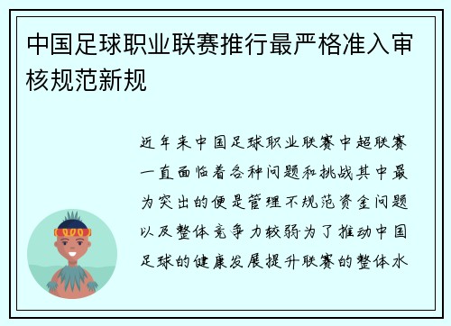 中国足球职业联赛推行最严格准入审核规范新规 中国足球职业联赛推行最严格准入审核规范新规